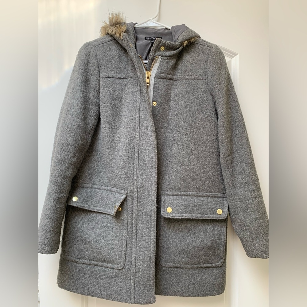 J. Crew Coat Women's 0 Gray Blue Vail Parka Wool Blend Faux Fur Lined Hood